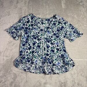 Lucky Brand Womens Small Blue Floral Viscose V-Neck Ruffle Peplum Blouse Top